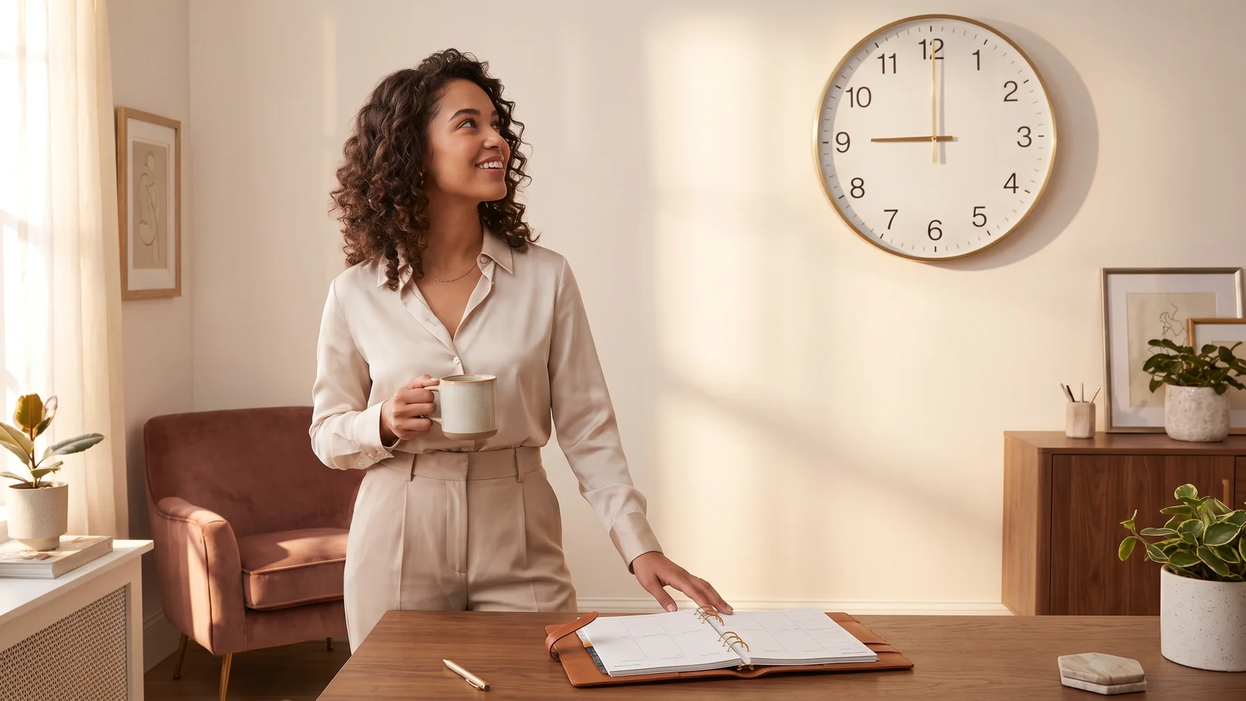 A creator checking a wall clock and weekly planner — best times to message fans on Telegram