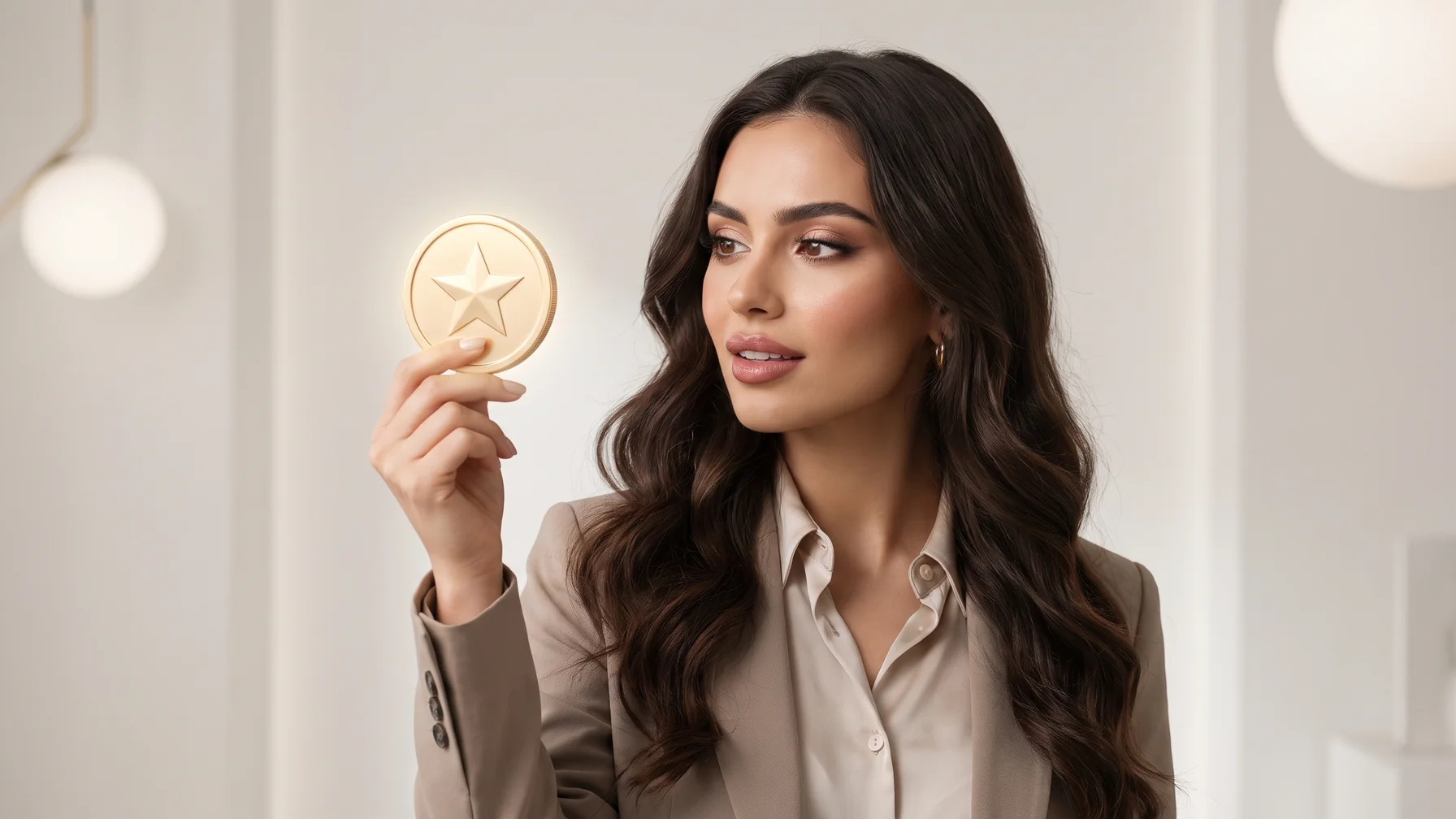 A creator examining a glowing golden star coin — how Telegram Stars work for creators