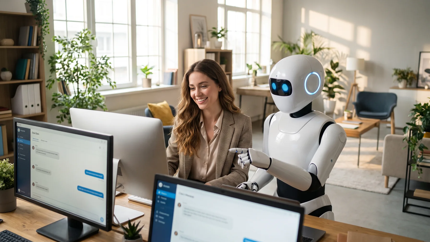 A creator with a friendly AI robot handling chats — OnlyFans chatter agency vs AI
