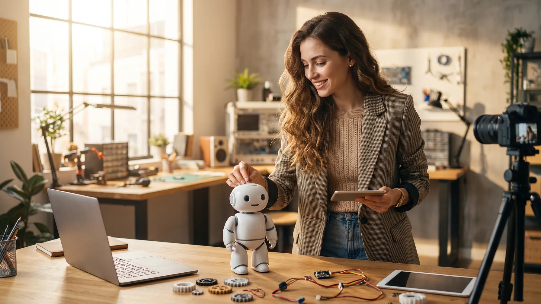 A creator configuring a friendly robot at a desk — Telegram bot setup with BotFather