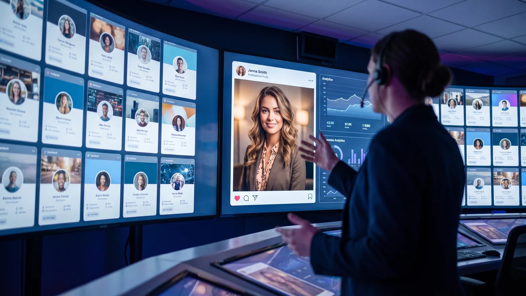 A manager reviewing creator profiles on a wall of screens — Telegram CRM for agencies compared
