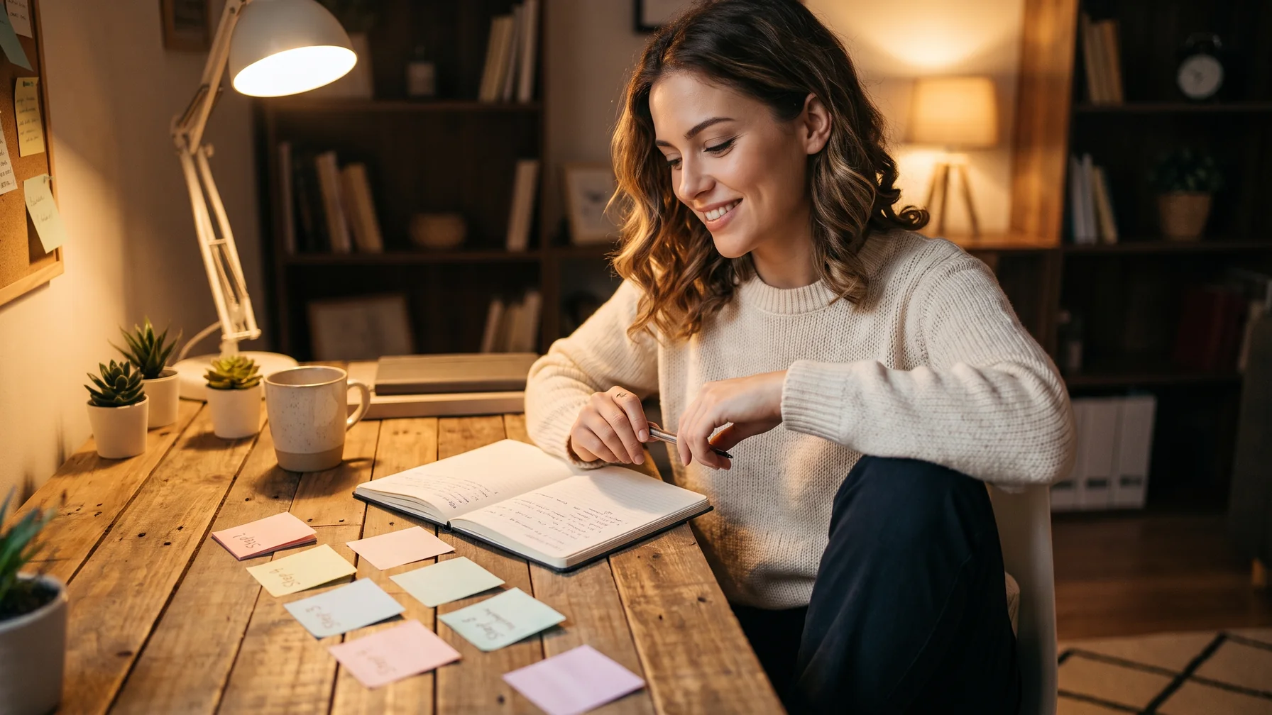 A creator mapping a three-step message plan with sticky notes — warm Telegram message scripts